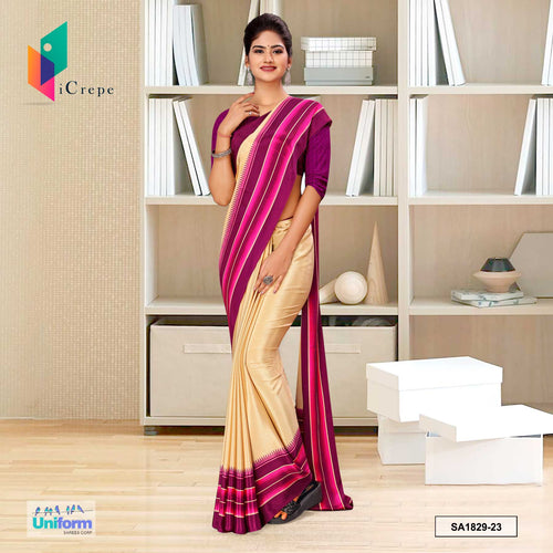 Beige and Wine Women's Premium Italian Silk Plain Border Uniform Sarees With Blouse Piece for Workers