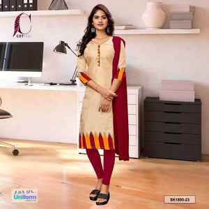 Beige and Wine Women's Premium Manipuri Cotton Plain Border Uniform Salwar Kameez for Jewellery Showroom