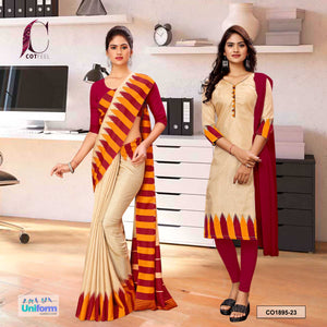 Beige and Wine Women's Premium Manipuri Cotton Plain Border Uniform Saree Salwar Combo for Jewellery Showroom