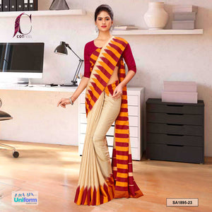 Beige and Wine Women's Premium Manipuri Cotton Plain Border Uniform Sarees With Blouse Piece for Jewellery Showroom