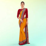 Yellow and Maroon Women's Premium Italian Silk Plain Gaala Border School Uniform Saree