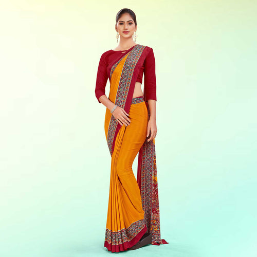 Mustard and Brown Women's Premium Italian Silk Plain Gaala Border Annual Function Uniform Saree