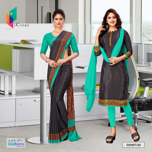 Black and Sea Green Women's Premium Silk Crepe Plain Border Teachers Uniform Saree Salwar Combo