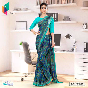 Blue Green Premium Paisley Print Italian Crepe Saree For Teachers Uniform Sarees