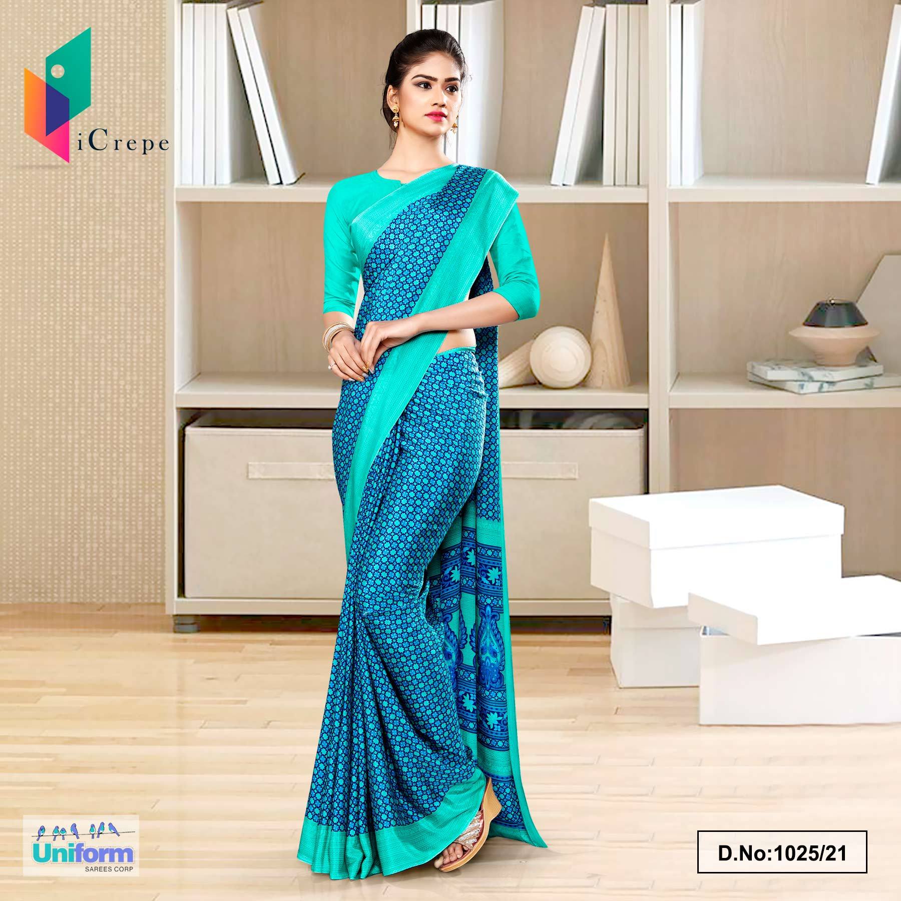 Blue Sea Green Small Print Premium Italian Silk Crepe Saree For Jewell Uniform Sarees Blue Sea Green Small Print Premium Italian Silk Crepe Saree For Jewell Uniform Sarees