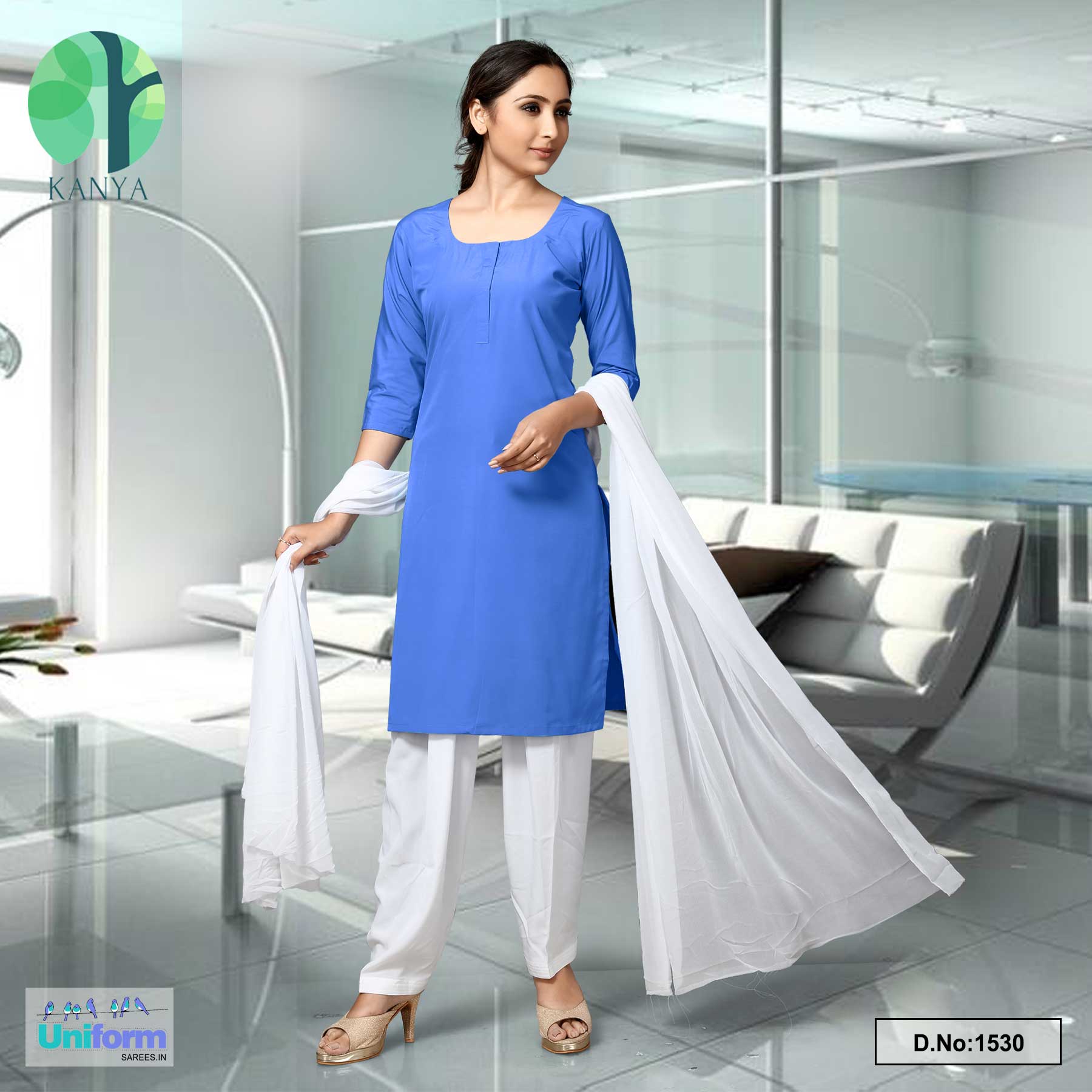 Blue White Women's Premium Poly Cotton Girls School Students Uniform S– Uniform Sarees