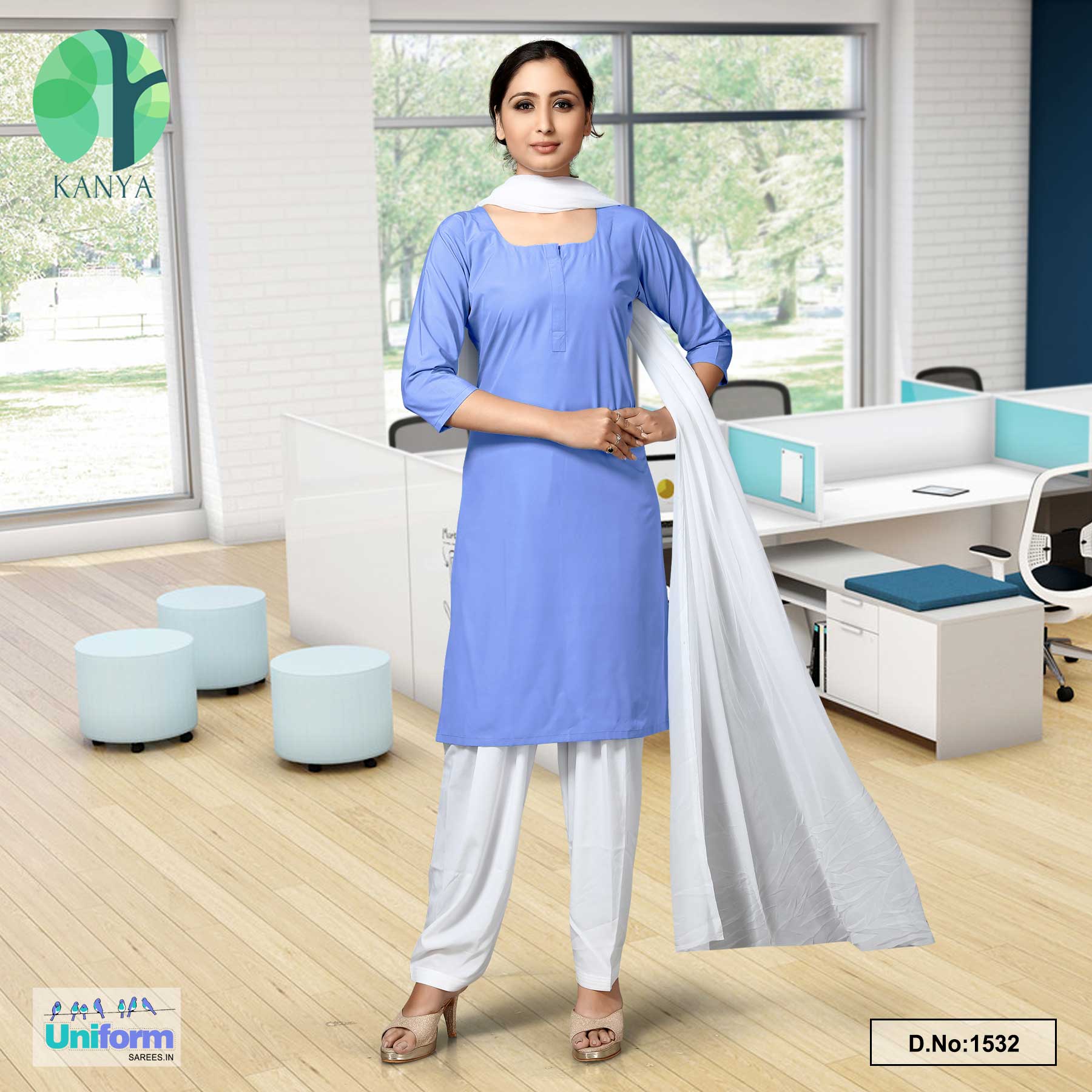 Blue White Women's Premium Poly Cotton Govt School Girls Student Unifo Uniform Sarees Blue White Women's Premium Poly Cotton Govt School Girls Student Unifo Uniform Sarees