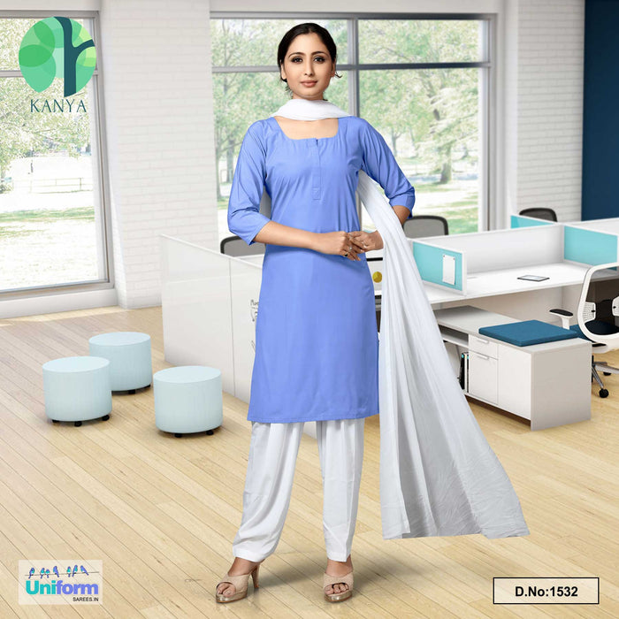 Blue White Women's Poly Cotton Unstitched Salwar Kameez Dress Materials For Govt School Girls Student Uniforms