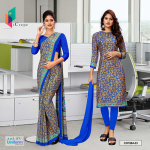 Blue Women's Premium Italian Silk Paisley Print Uniform Saree Salwar Combo for Air Hostess