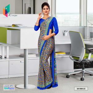 Blue Women's Premium Italian Silk Paisley Print Uniform Sarees With Blouse Piece for Air Hostess