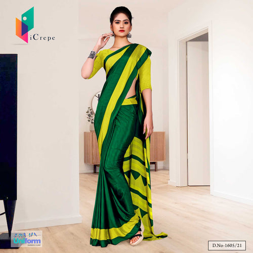 Bottle Green Yellow Plain Border Print Premium Italian Silk Crepe Uniform Sarees For School Teachers