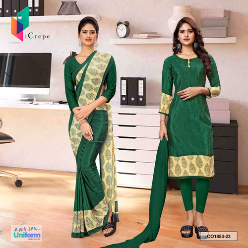 Bottle Green Women's Premium Italian Silk Fancy Print Uniform Saree Salwar Combo for School Teacher