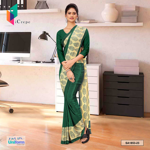 Bottle Green Women's Premium Italian Silk Fancy Print Uniform Sarees With Blouse Piece for School Teacher