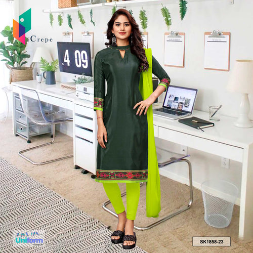Bottle Green and Yellow Women's Premium Silk Crepe Plain Border Jewellery Showroom Uniform Salwar Kameez