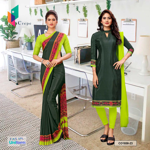Bottle Green and Yellow Women's Premium Silk Crepe Plain Border Jewellery Showroom Uniform Saree Salwar Combo