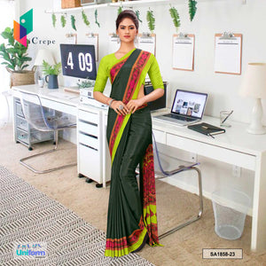 Bottle Green and Yellow Women's Premium Silk Crepe Plain Border Jewellery Showroom Uniform Sarees With Blouse Piece