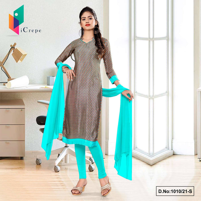 Brown Sea Green Paisley Print Premium Italian Silk Crepe Chudidar For Staff Uniform Sarees