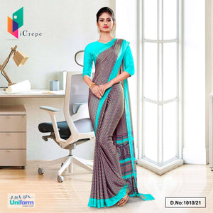 Brown Sea Green Paisley Print Premium Italian Silk Crepe Saree For Staff Uniform Sarees