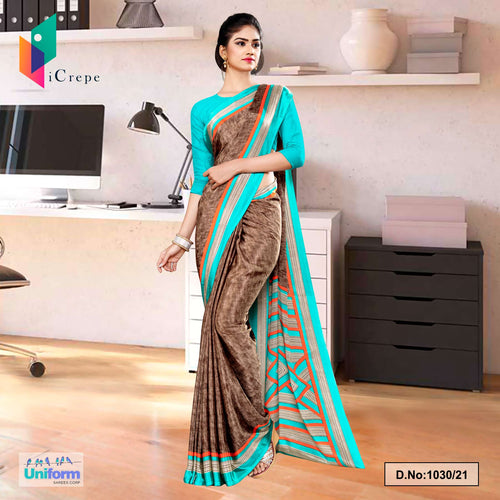 Brown Sea Green Premium Italian Silk Crepe Saree For Receptionist Uniform Sarees