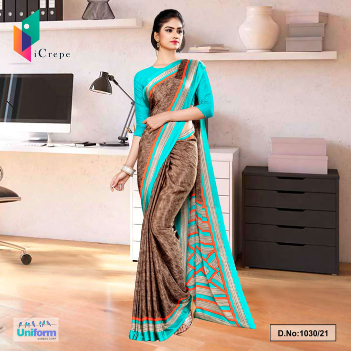 Brown Sea Green Premium Italian Silk Crepe Saree For Receptionist Uniform Sarees