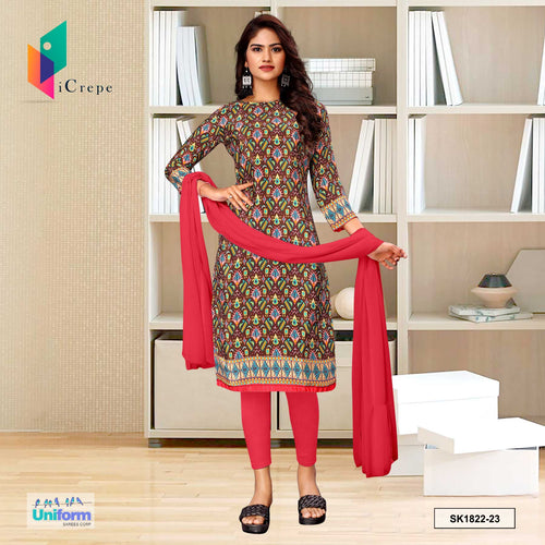 Brown and Pink Women's Premium Italian Silk Ikat Print Staff Uniform Salwar Kameez