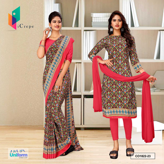 Brown and Pink Women's Premium Italian Silk Ikat Print Staff Uniform Saree Salwar Combo
