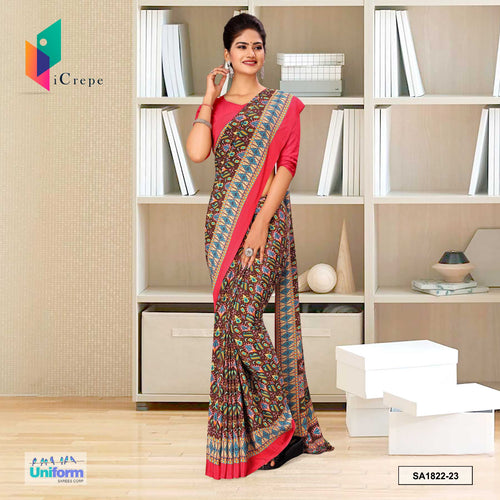 Brown and Pink Women's Premium Italian Silk Ikat Print Staff Uniform Sarees With Blouse Piece