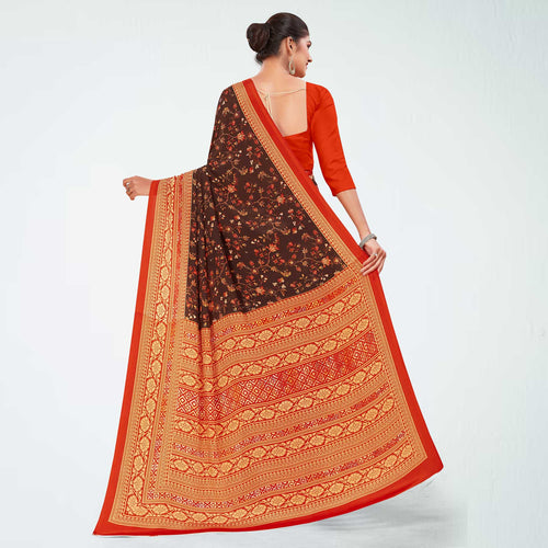 Brown and Orange Women's Premium Italian Silk Floral Print Institution Uniform Saree