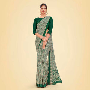 Bottle Green Women's Premium Italian Silk Ikat Print Air Hostess Uniform Saree