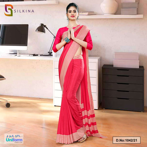 Carrot Pink Plain Border Premium Polycotton Raw Silk Saree For Employee Uniform Sarees