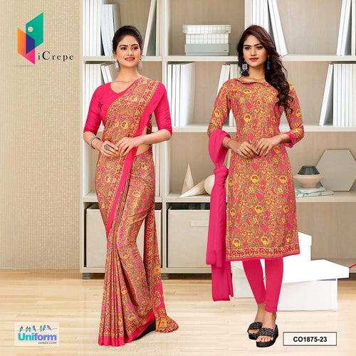 Carrot Pink Women s Premium Silk Crepe Floral Print School Uniform Sar Uniform Sarees