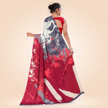 Light Grey and Tomato Red Women's Premium Italian Silk Digital Print Hospital Uniform Sarees With Blouse Piece