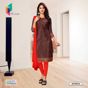 Coffee and Red Women's Premium Silk Crepe Plain Border Showroom Staff Uniform Salwar Kameez