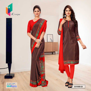 Coffee and Red Women's Premium Silk Crepe Plain Border Showroom Staff Uniform Saree Salwar Combo