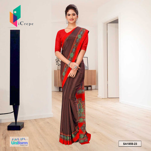 Coffee and Red Women's Premium Silk Crepe Plain Border Showroom Staff Uniform Sarees With Blouse Piece