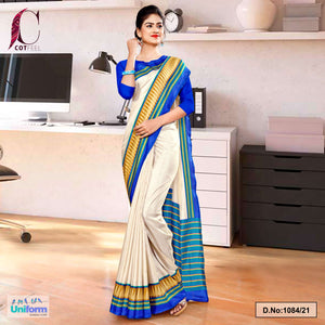 Cream Blue Plain Gala Border Polycotton Cotfeel Saree For Workers Uniform Sarees