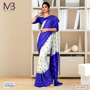 Cream Blue Premium Mulberry Silk Teachers Uniform Sarees For School Teachers