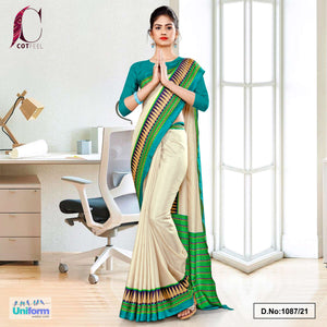 Cream Green Plain Gala Border Polycotton Cotfeel Saree For Annual Function Uniform Sarees