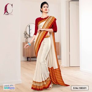 Cream Marron Plain Gala Border Polycotton Cotfeel Saree For Student Uniform Sarees