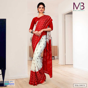 Cream Red Premium Mulberry Silk Teachers Uniform Sarees For School Teachers