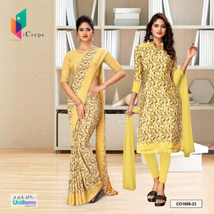 Cream Yellow Women's Premium Italian Silk Paisley Print Institutional Uniform Saree Salwar Combo