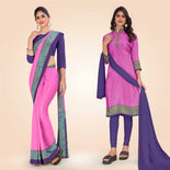 Rani Pink and Purple Women's Premium Italian Silk Plain Gaala Border Institution Uniform Saree Salwar Combo