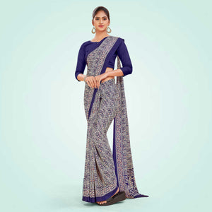 Navy Blue Women's Premium Italian Silk Ikat Print Jewellery Showroom Uniform Saree