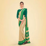 Beige and Bottle Green Women's Premium Italian Silk Small Butty Anganwadi Workers Uniform Saree