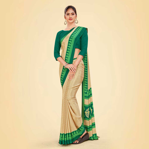 Beige and Bottle Green Women's Premium Italian Silk Small Butty Anganwadi Workers Uniform Saree