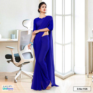 Dark Blue Soft Georgette Plain Uniform Sarees For Cleaning  Staff