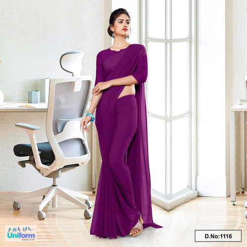 Dark Purple Soft Georgette Plain Uniform Sarees For Jelwellery Showroom
