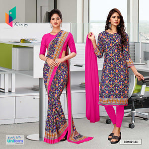 Dark Blue Pink Women's Premium Italian Silk Ikat Print School Teacher Uniform Saree Salwar Combo