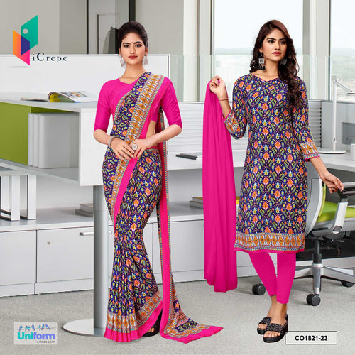 Dark Blue Pink Women's Premium Italian Silk Ikat Print School Teacher Uniform Saree Salwar Combo