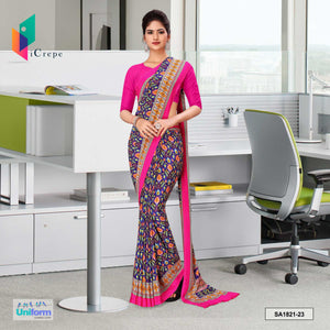 Dark Blue Pink Women's Premium Italian Silk Ikat Print School Teacher Uniform Sarees With Blouse Piece